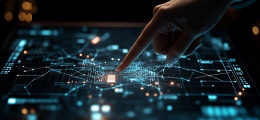 A hand interacts with a digital interface displaying interconnected data points.