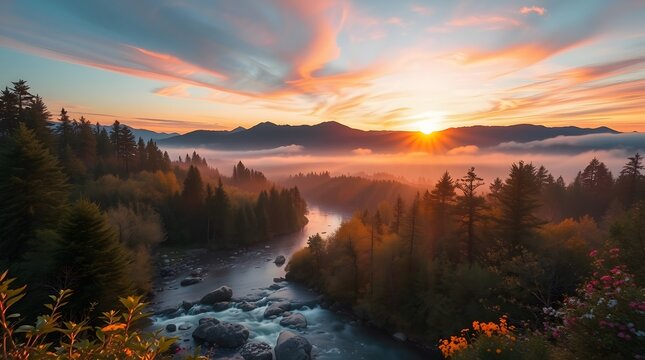 Spring Forest Mountain River in Sunset