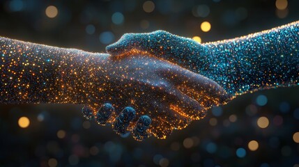 Collaboration, Cryptocurrency, And Technology. Blockchain Futuristic Abstract Digital Handshake.
