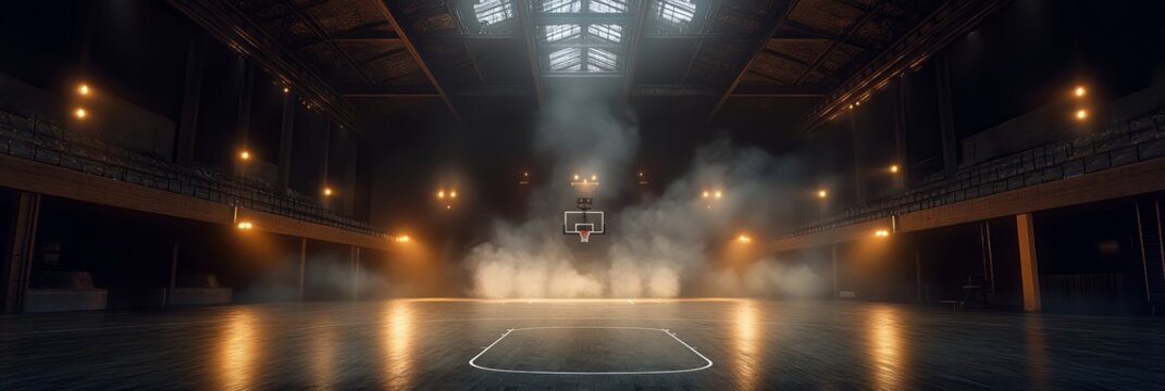 Empty Basketball Court in a Stadium with Theatrical Smoke Effects and Bright Lights, Indoor