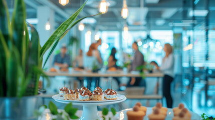 Obraz premium Corporate Event in Open Office Space with Delightful Desserts and Networking Colleagues