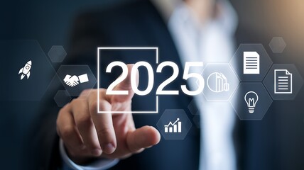 2025 New Year Business Goals:  Businessmen Climbing Staircase to Success