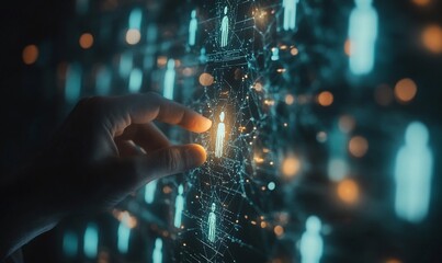 A hand interacts with a digital network of interconnected figures and data.