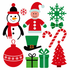 Colorful Christmas Icons with Snowman, Gifts, Tree, and Snowflakes