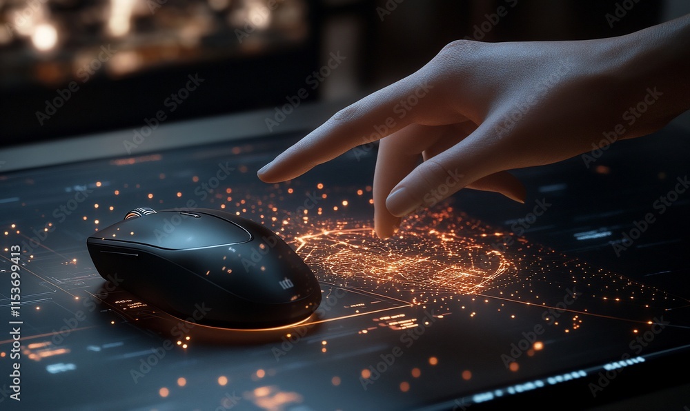 Poster a hand interacts with a futuristic computer mouse on a glowing surface.