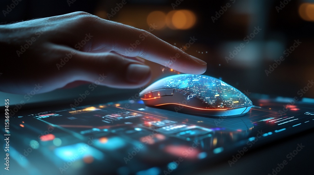 Poster a hand interacts with a futuristic mouse displaying a digital cityscape.