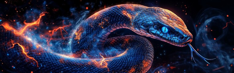 Neon Glowing Snake with Electrifying Light in Dark Atmosphere