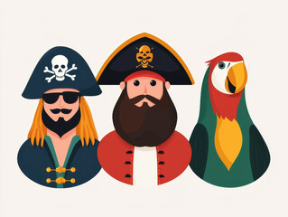 Pirate cartoon kids story. Colorful pirate characters with a parrot in a playful style.