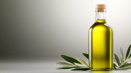 Glass Olive Oil Bottle with Olive Leaves. Generative AI