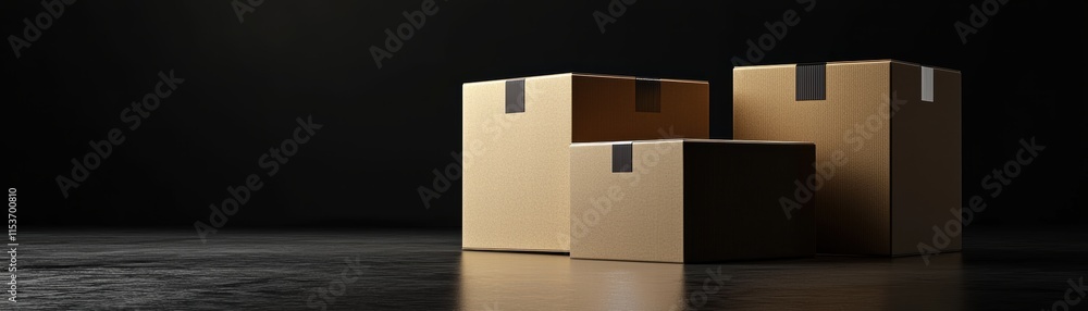 Poster three cardboard boxes are positioned on a dark surface, creating a minimalist and modern aesthetic a