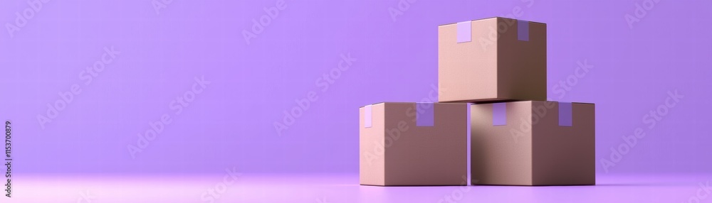 Poster three stacked cardboard boxes on a smooth surface with a vibrant purple background, creating a minim