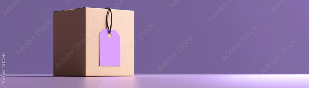 Poster a simple cardboard box with a purple tag sits against a soft purple background, creating a minimalis