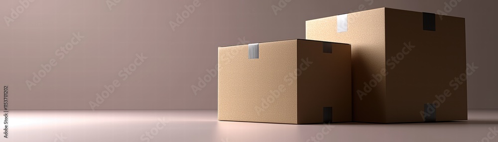 Poster three stacked cardboard boxes on a smooth surface, illuminated softly, creating a minimalistic and m