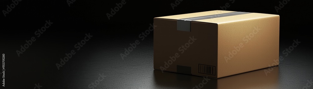 Poster a simple, unmarked cardboard box is centered in a dimly lit space, casting shadows that emphasize it
