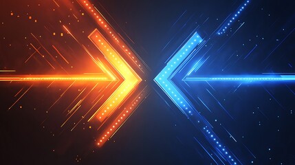 Abstract futuristic tech background with bright blue and orange neon arrows, radiating a laser sci-fi vibe