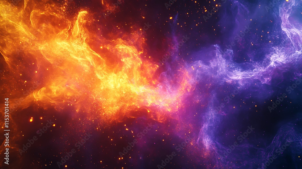 Poster vibrant explosion effect with fiery oranges yellows and reds transitioning into swirling purples and