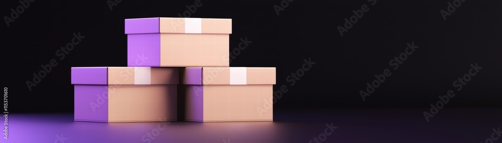 Poster three stacked cardboard boxes with a soft purple glow on a dark background, creating a modern and mi