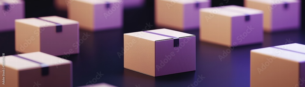 Poster a series of small, light-colored boxes arranged on a reflective surface, illuminated by a soft, colo