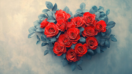 A glowing neon heart made of red roses and gray leaves contrasted against a vintage beige background