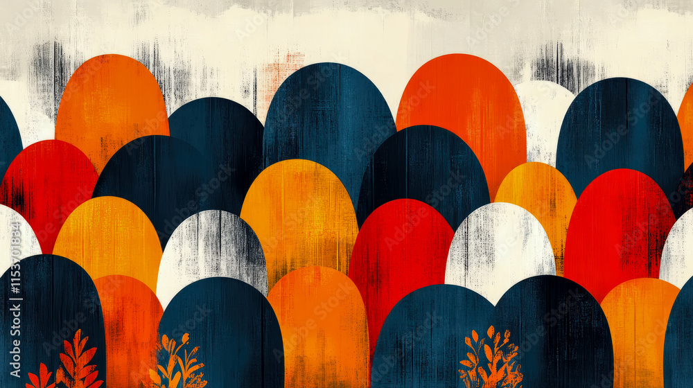 Poster abstract landscape with overlapping semicircles in warm and cool tones, featuring textured brushstro