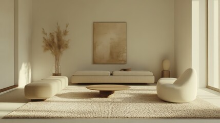 A sleek minimalist living room with soft neutral colors, clean-lined furniture, and a central textured rug