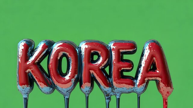 Metallic 3D Text "KOREA" with Red Splatter Effect, Green Backdrop for Graphic Design, Advertising, Social Media, Artwork