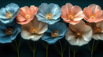 Fototapeta premium Pastel poppies in a row against dark background.