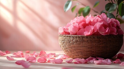 Pink rose petals in a woven bowl on a wooden surface, illuminated by sunlight.