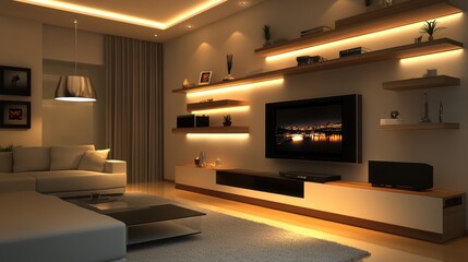 A sleek modern living room with sharp contrasts, floating shelves, and a minimalistic entertainment center
