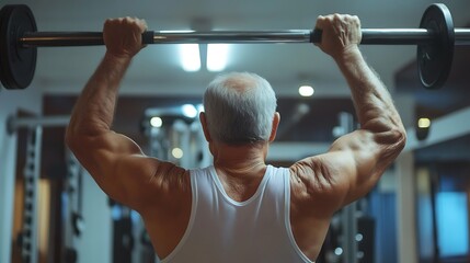 Naklejka premium Back view of an elderly Arab man in the gym, engaging in physical activity to maintain fitness, promote health, and stay active.