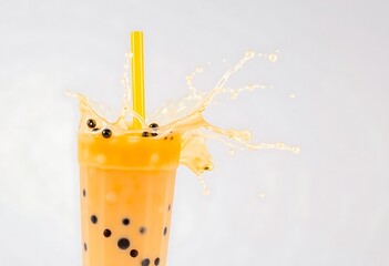 A Glass of Bubble Tea With Popping Boba, Behind Splashes of Yogurt on a Light Background