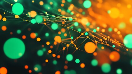 Blurred 3D circles and radial lines in vibrant green and orange, forming a tech-inspired geometric design