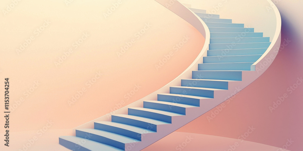 Poster continuous a surreal image of a staircase spiraling upwards, symbolizing endless possibilities, with
