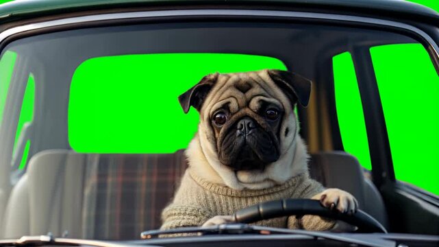 Funny pug dog sitting in driver seat, paws on steering wheel, pet driving the car on green screen. Funny pet, pug dog driver. Animal in car concept, driving down the road. Cute pet drive car