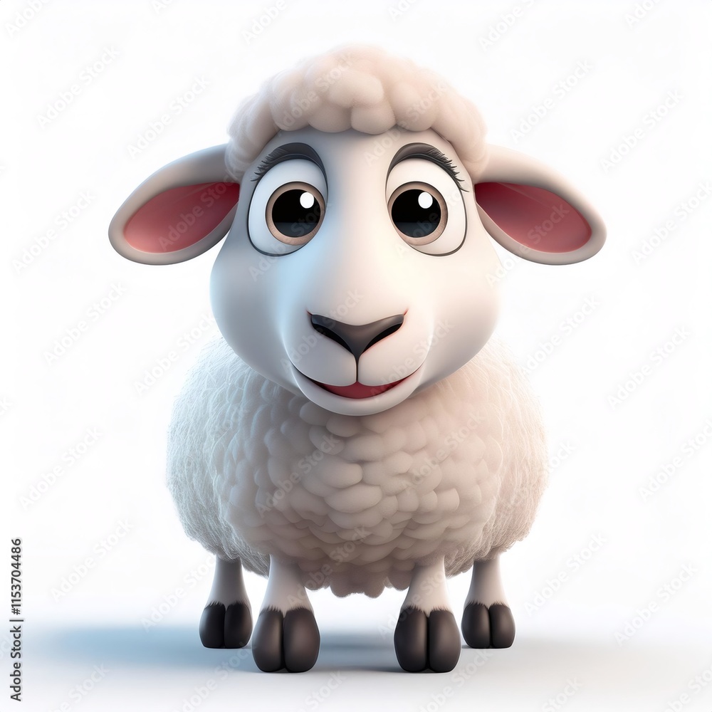 Poster cheerful cartoon sheep standing on white background, displaying fluffy wool and playful character wi