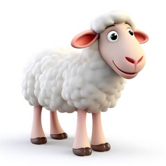 3D cartoon sheep rendering, thick white wool, bright smile, pure background showcasing whimsical character design