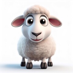 Cheerful cartoon sheep standing on white background, displaying fluffy wool and playful character with sharp depth of field