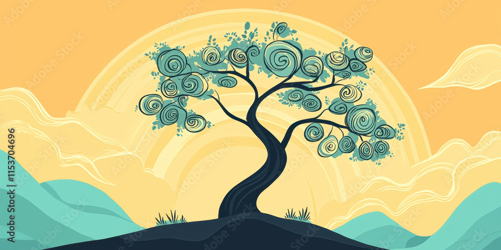 Poster continuous a spiraling tree with continuous growth, beautifully captured in a dynamic image showcasi