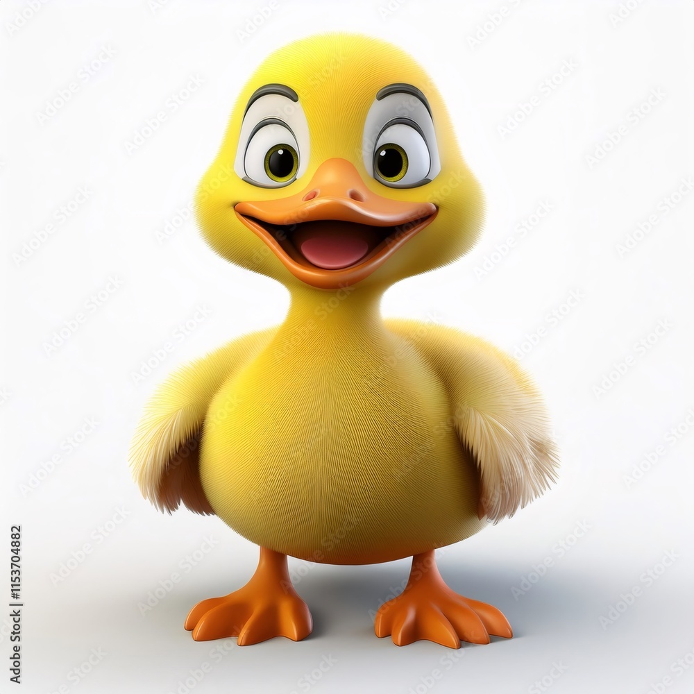 Poster yellow gosling smiling cheerfully during 3d rendering, isolated with white backdrop and sharp focus