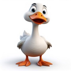 Cartoon goose standing with cheerful smile, rendered in playful 3D design against pristine white backdrop