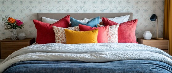 Colorful pillows on a bed with a textured duvet.