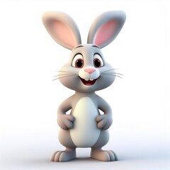 Obraz premium Confident cartoon rabbit posing boldly, smiling with hands on hips against pure white backdrop