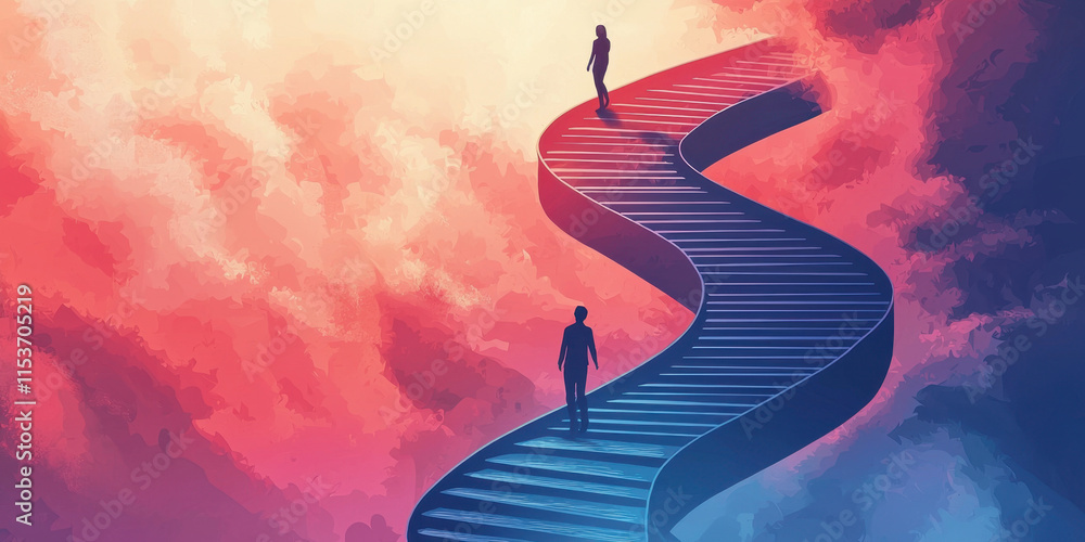 Poster continuous an image of a person climbing an endless spiral staircase, showcasing intricate architect