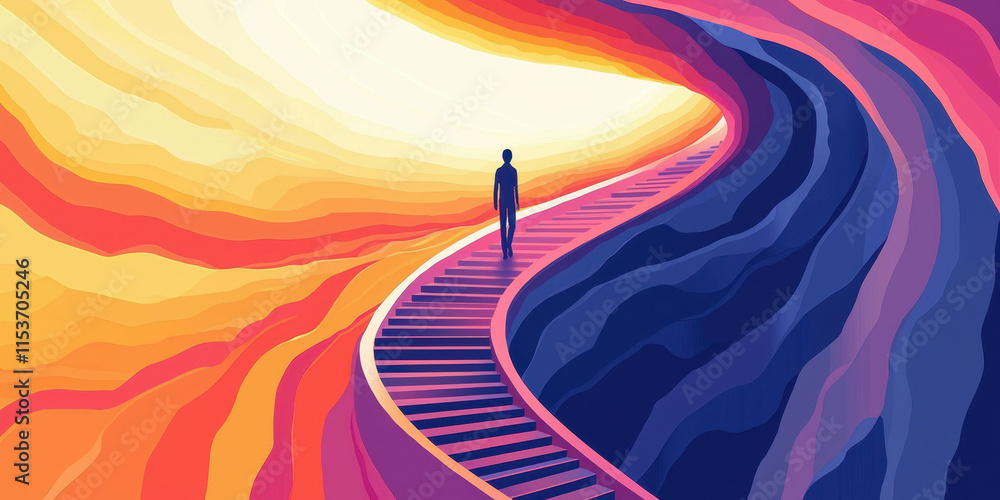 Poster continuous a captivating image of a person climbing an endless spiral staircase, showcasing unique a