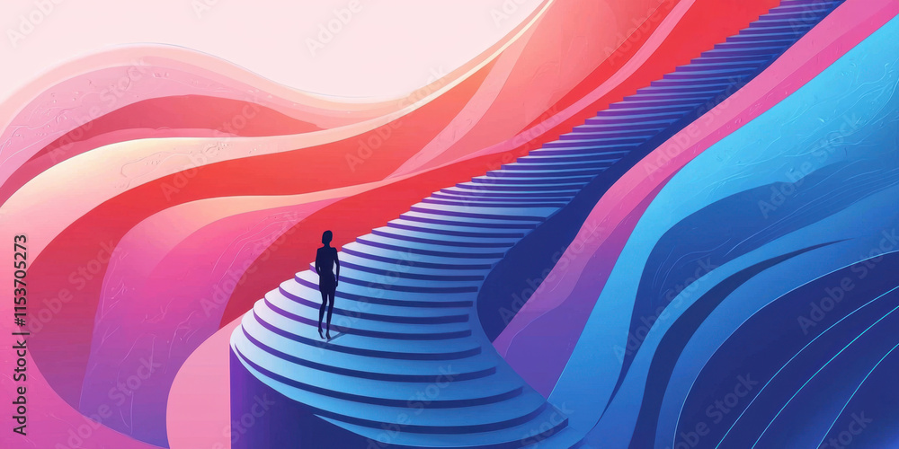 Poster continuous a person is climbing an endless spiral staircase, showcasing a unique architectural persp