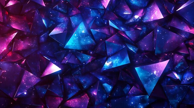 Glossy neon abstract background with glowing blue and purple triangles, radiating futuristic vibes