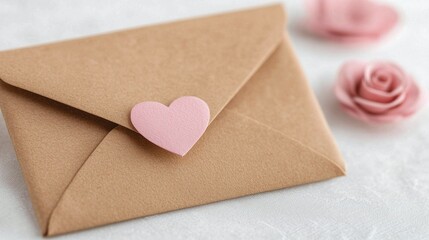 Craft paper envelope with pink heart decoration and roses.