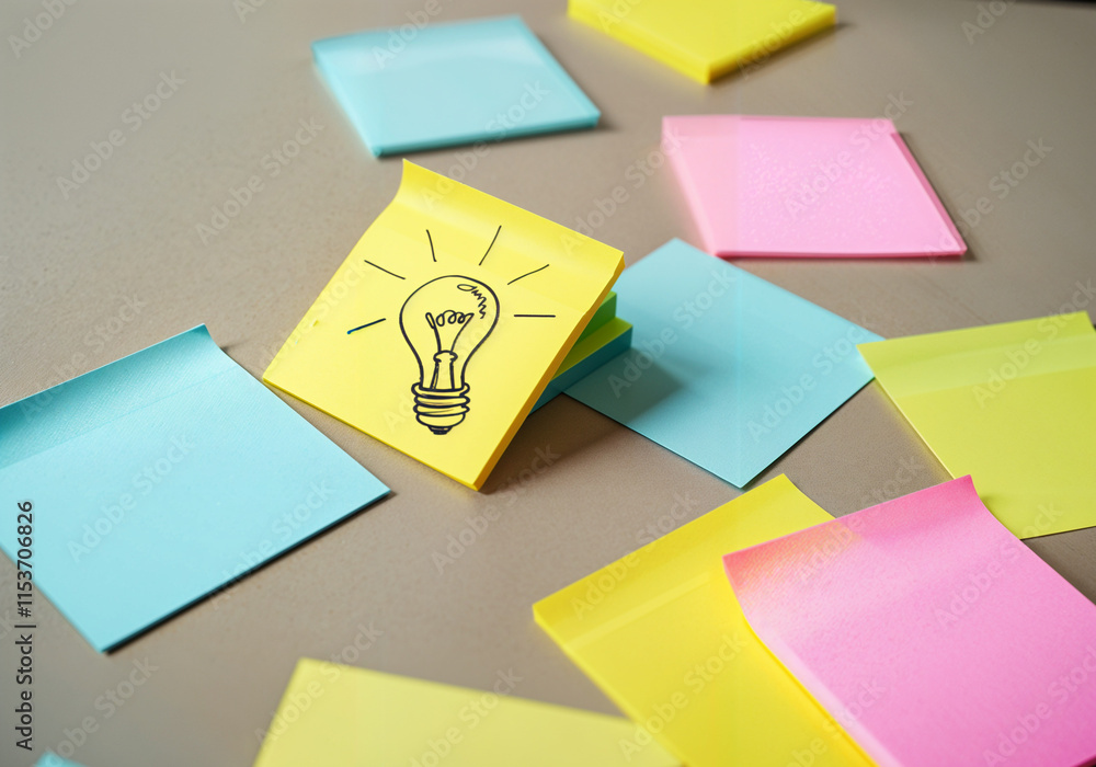 Poster hand-drawn light bulb on a sticky note surrounded by colorful blank sticky notes, representing brain