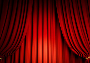 Fototapeta premium Red curtain slightly opening on a brightly lit stage, creating anticipation for a theatrical performance
