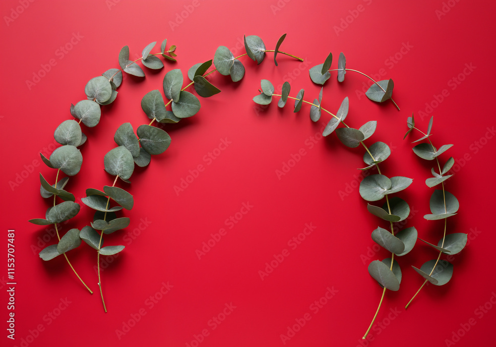 Poster eucalyptus branches forming a frame on a vibrant red background, offering space for text or design e